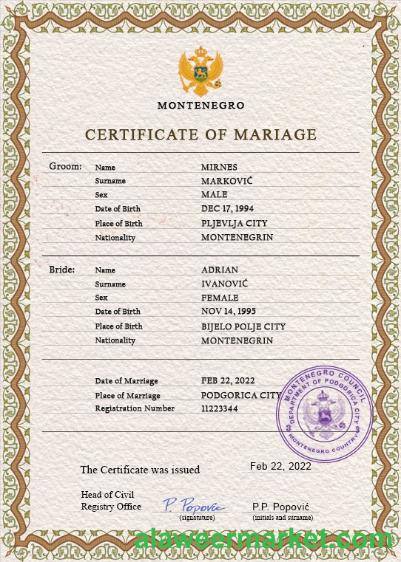 Montenegro marriage certificate PSD template